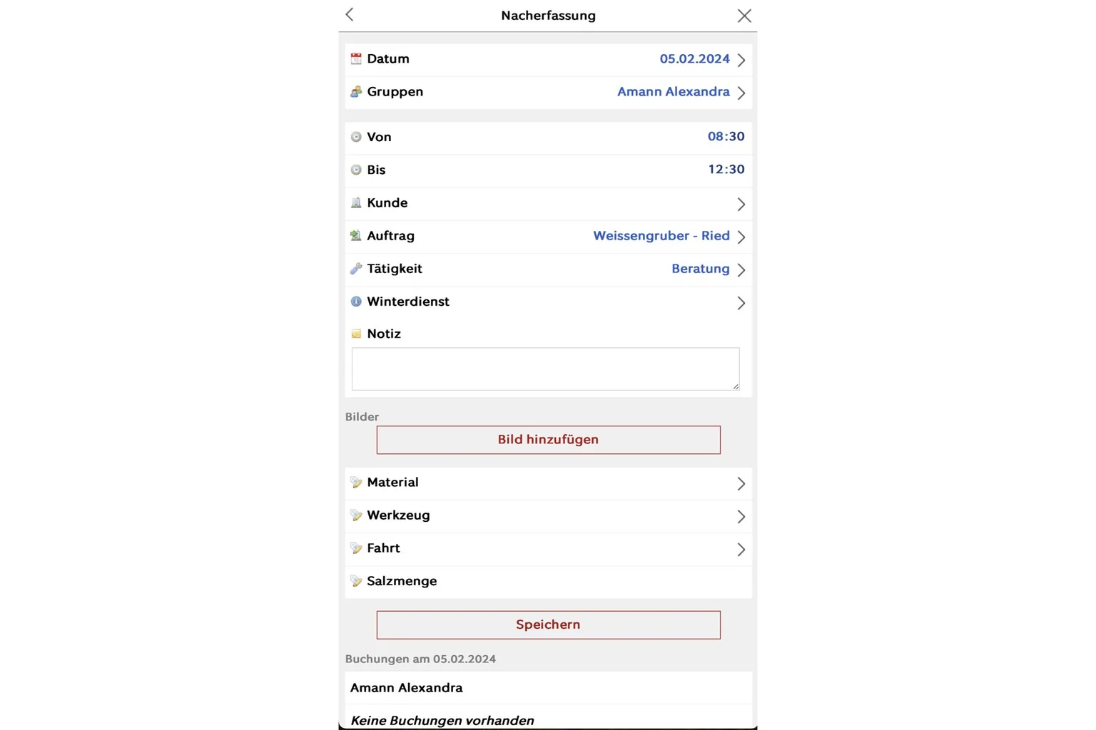 Objektauswahl in der mobilen Zeiterfassung mit mehreren Liegenschaften