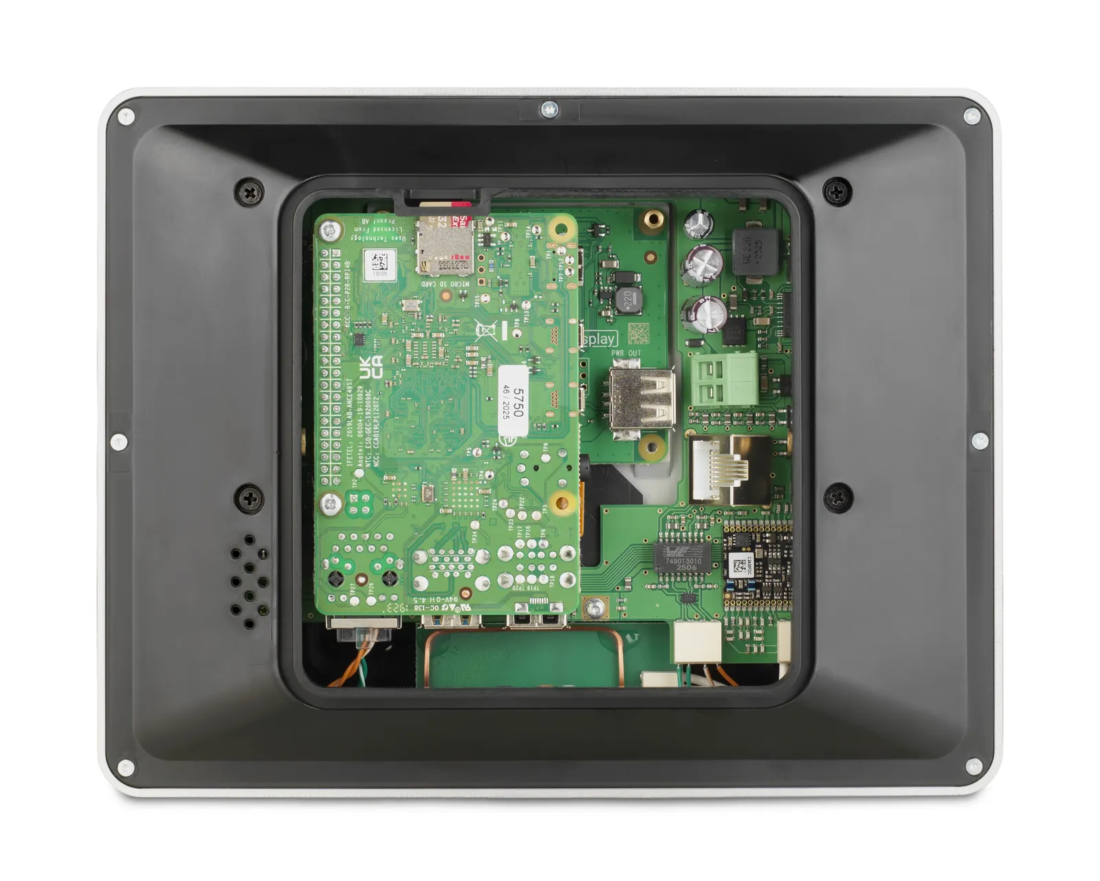 Geöffnetes Fink Terminal mit Platine und Anschlüssen