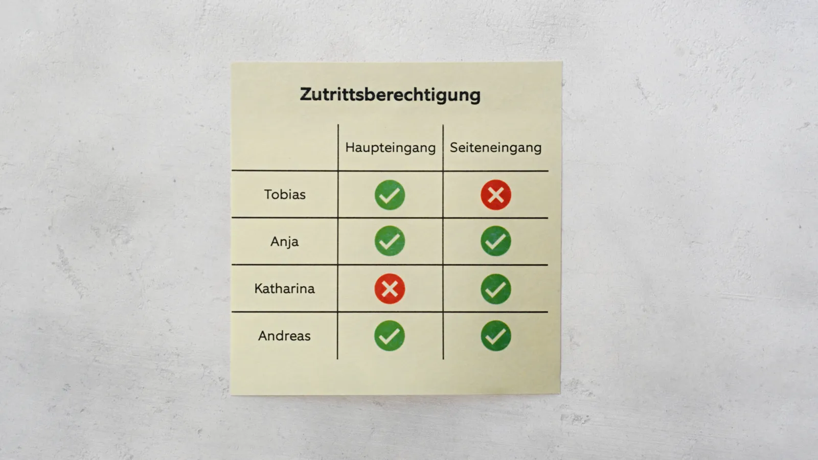 Zutrittsberechtigungen je Person und Eingang als Tabelle
